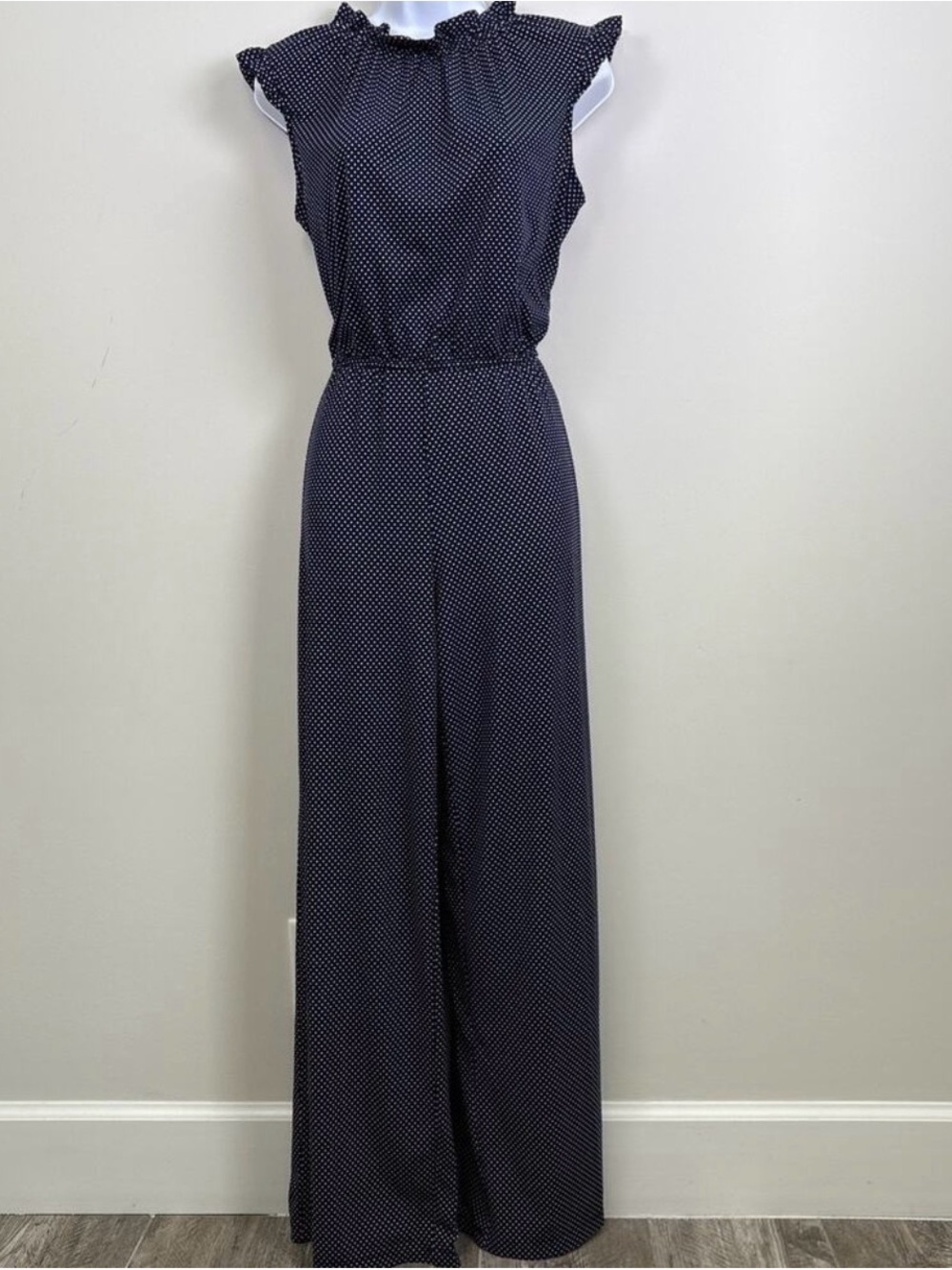 Adrianna Papell Polka Dot Navy/White Wide Leg Jumpsuit w Ruffle Neck,SizeXL, EUC
